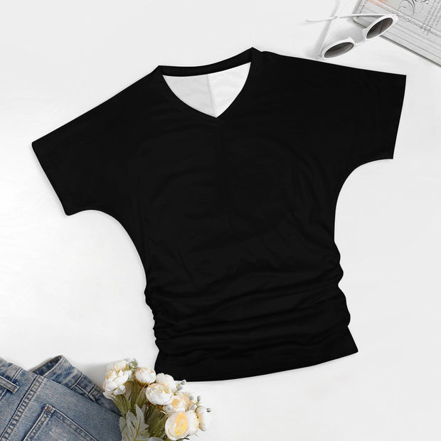 V-neck pleated T-shirt black