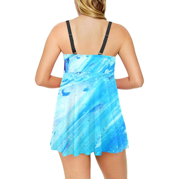 Blue Swirl Chest Pleat Swim Dress (S31)