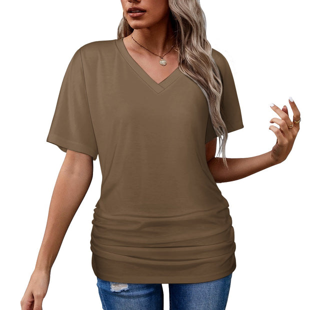 Assorted Colors V-neck pleated T-shirt