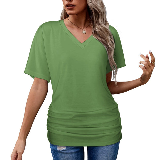 Assorted Colors V-neck pleated T-shirt