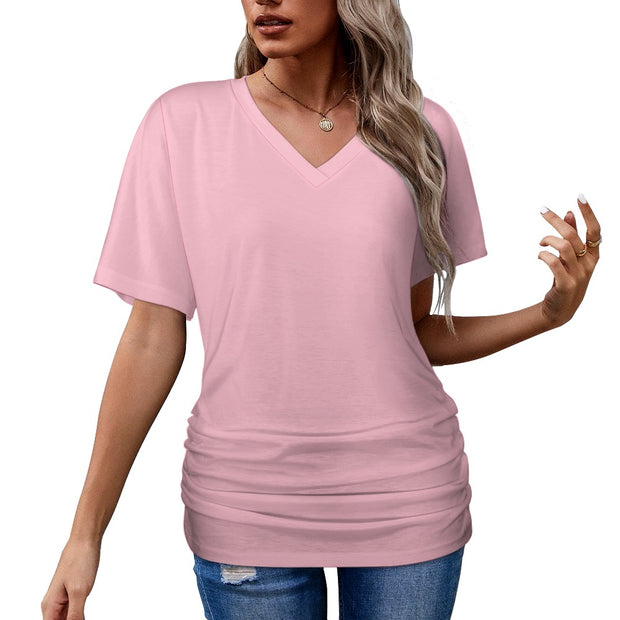 Assorted Spring Colors V-neck pleated T-shirt