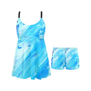 Blue Swirl Chest Pleat Swim Dress (S31)