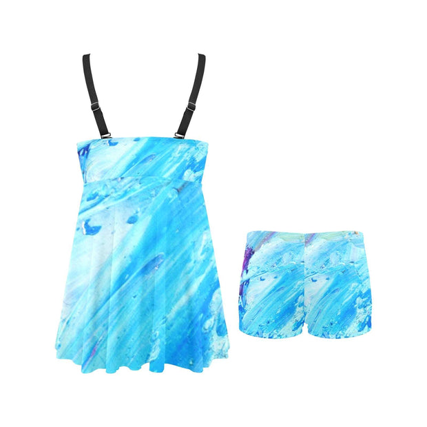 Blue Swirl Chest Pleat Swim Dress (S31)