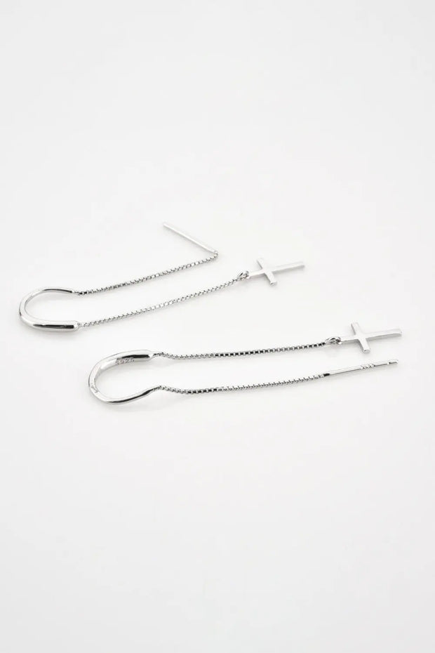 925 Sterling Silver Cross Threader Earrings - Image #3