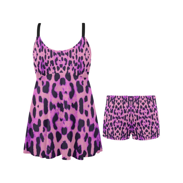 Purple Cheetah Chest Pleat Swim Dress