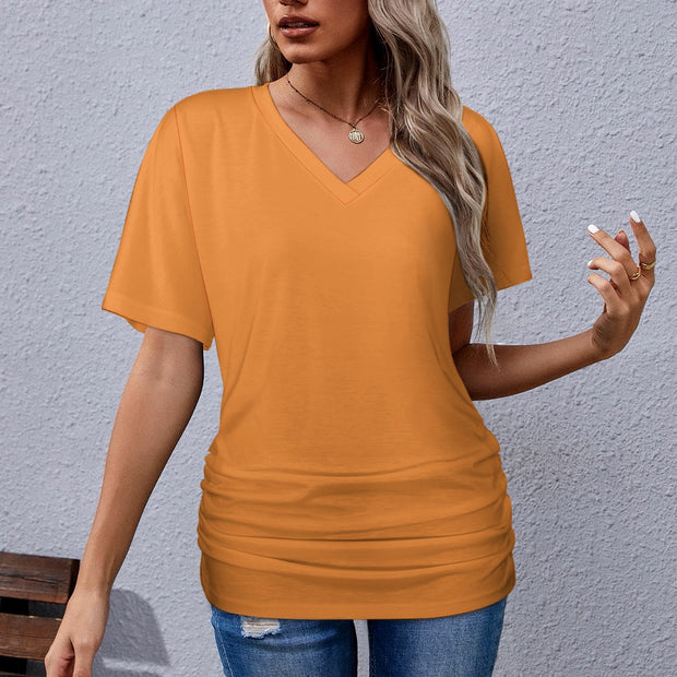 Assorted Colors V-neck pleated T-shirt