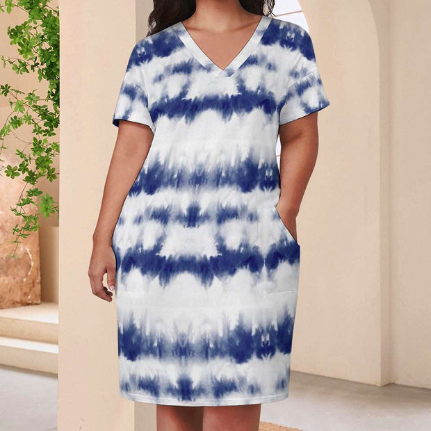 Blue Tie-dye Loose Pocket Dress