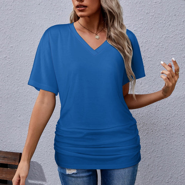 Assorted Spring Colors V-neck pleated T-shirt