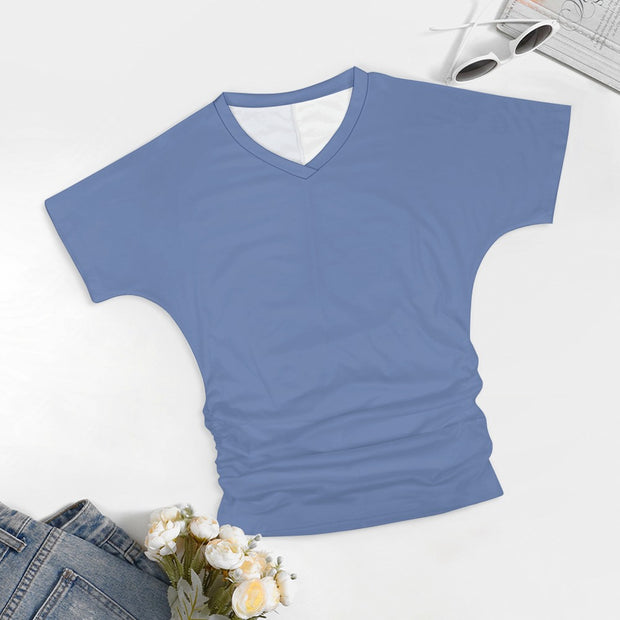 Assorted Colors V-neck pleated T-shirt