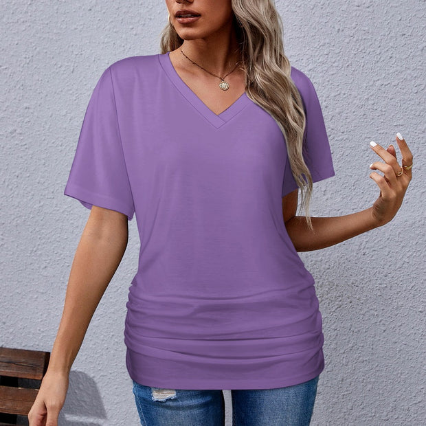 Assorted Spring Colors V-neck pleated T-shirt