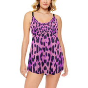 Purple Cheetah Chest Pleat Swim Dress